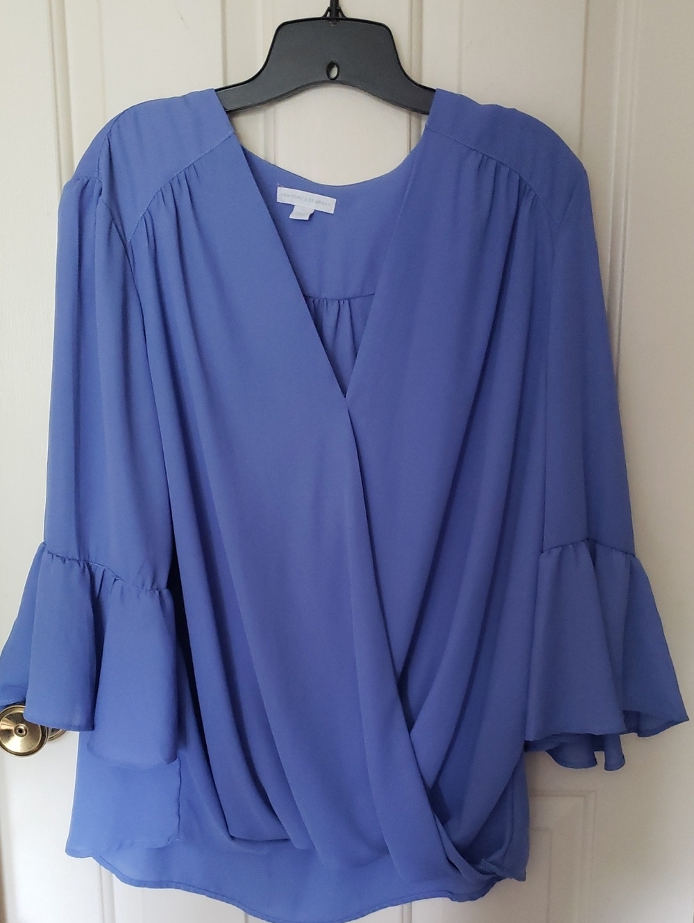New York & Company Periwinkle Draped Surplice Blouse with Ruffle Sleeves